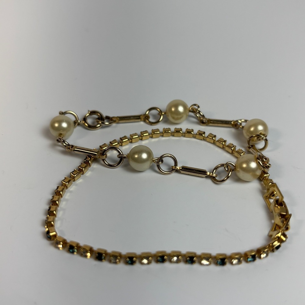 Tennis‎ Bracelet Set Gold Tone Pearl Rhinestone Dainty Elegant Vintage